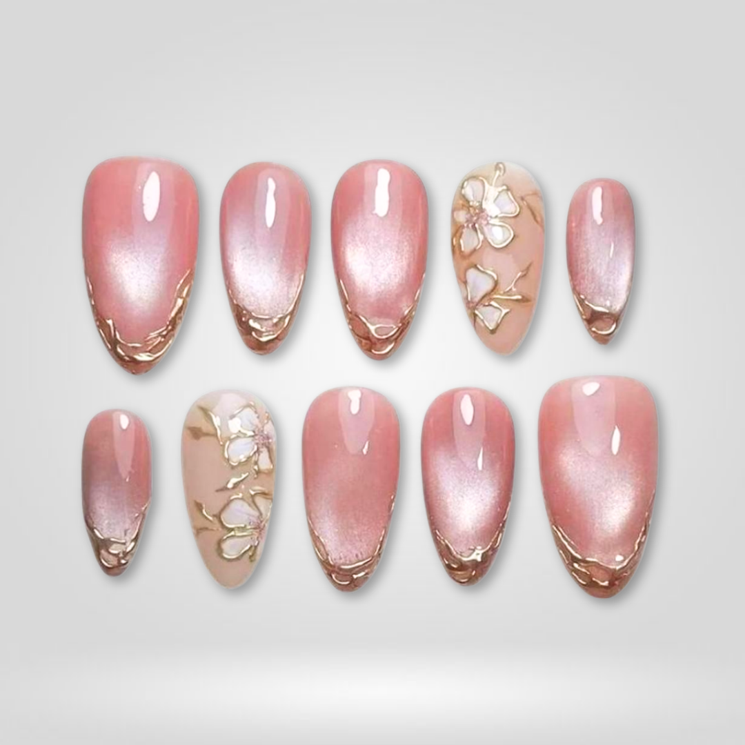 Petal Glow floral press-on nails - almond shape, front view