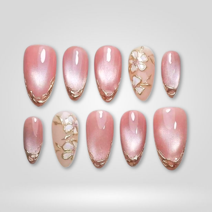 Petal Glow floral press-on nails - almond shape, front view