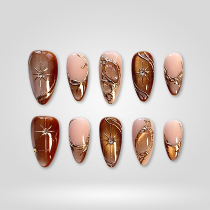 Bronze Star soft neutral press-on nails - almond shape, front view
