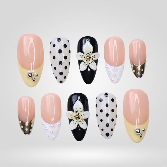 Dot Bloom polka dot press-on nails - almond shape, front view