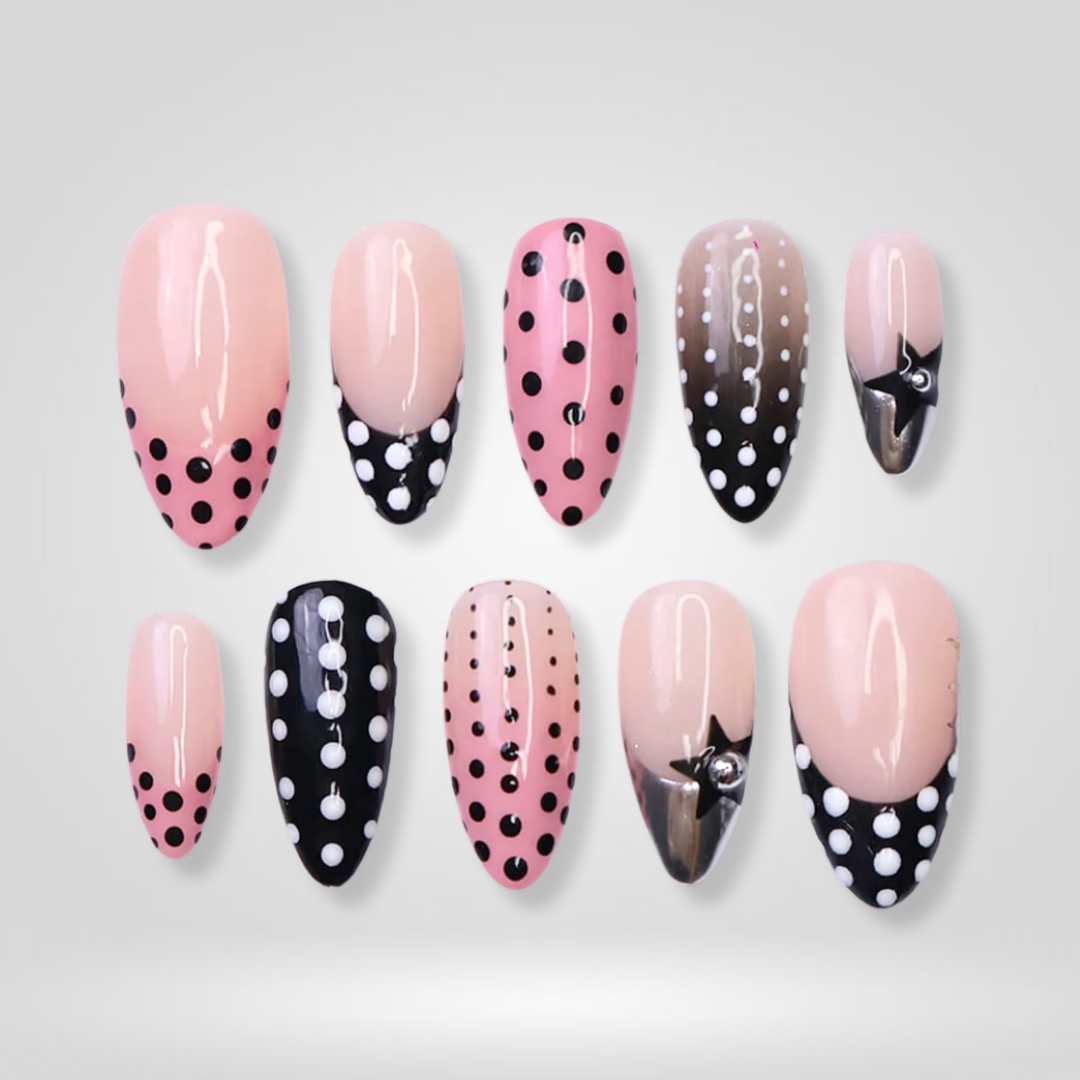 Polka Charm polka dot press-on nails - almond shape, front view
