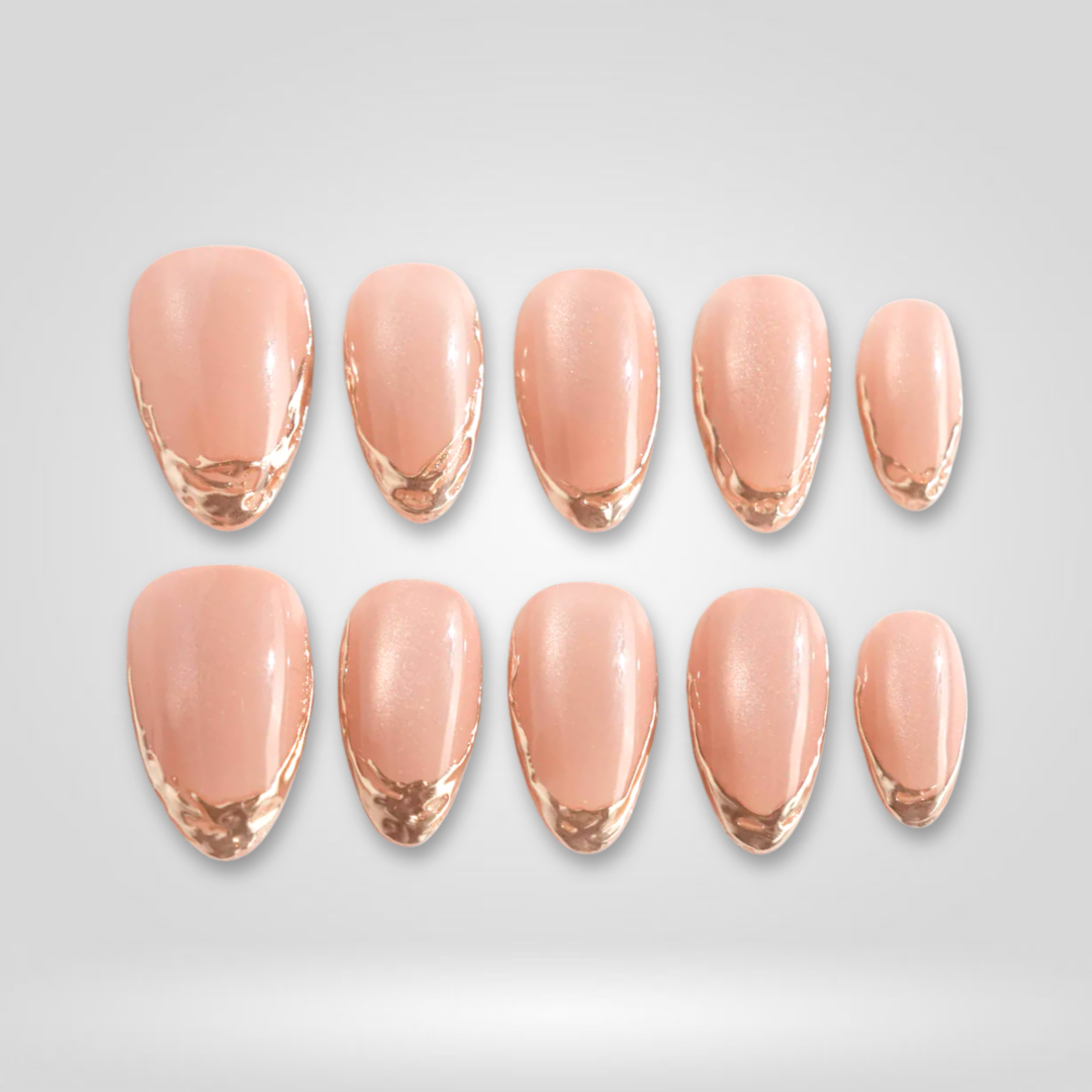 Chrome Nude pearl-shift press-on nails - almond shape, front view