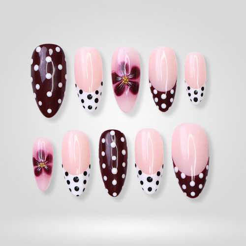 Berry Dots polka dot press-on nails - almond shape, front view