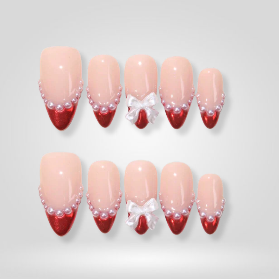 Pearl Ruby milky cloud dancer press-on nails - almond shape, front view