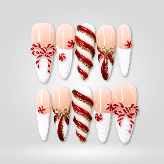 Candy Cane seasonal press-on nails - almond shape, front view