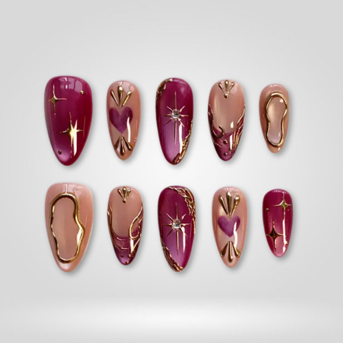 Berry Charm berry press-on nails - almond shape, front view