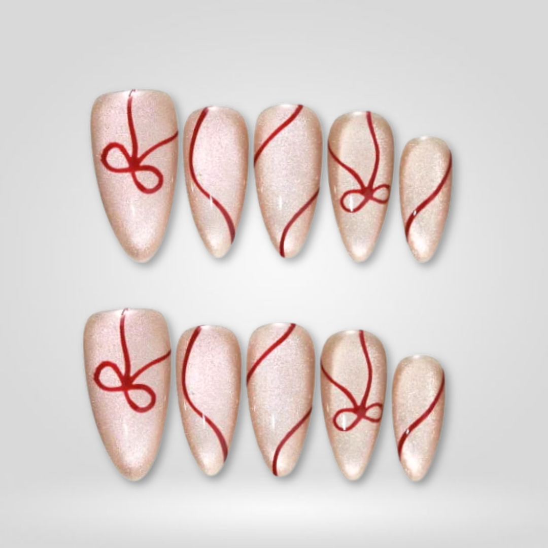 Ruby Swirl berry press-on nails - almond shape, front view