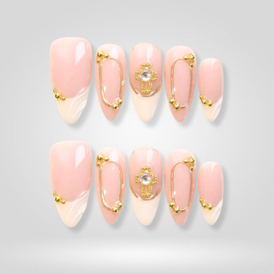 Gold Cross pearl-shift press-on nails - almond shape, front view