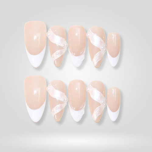 Pearl Swirl milky cloud dancer press-on nails - almond shape, front view