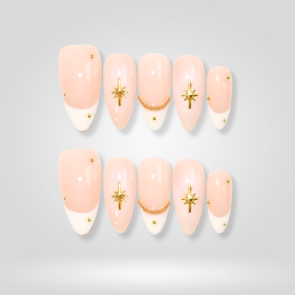 Golden Star soft neutral press-on nails - almond shape, front view