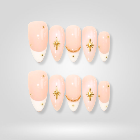 Golden Star soft neutral press-on nails - almond shape, front view