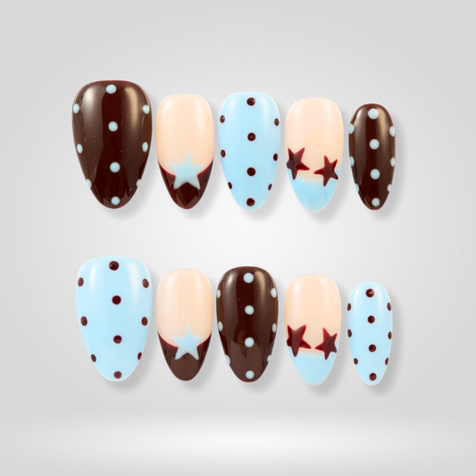 Blue Dot polka dot press-on nails - almond shape, front view