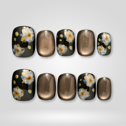 Noir Bloom floral press-on nails - almond shape, front view