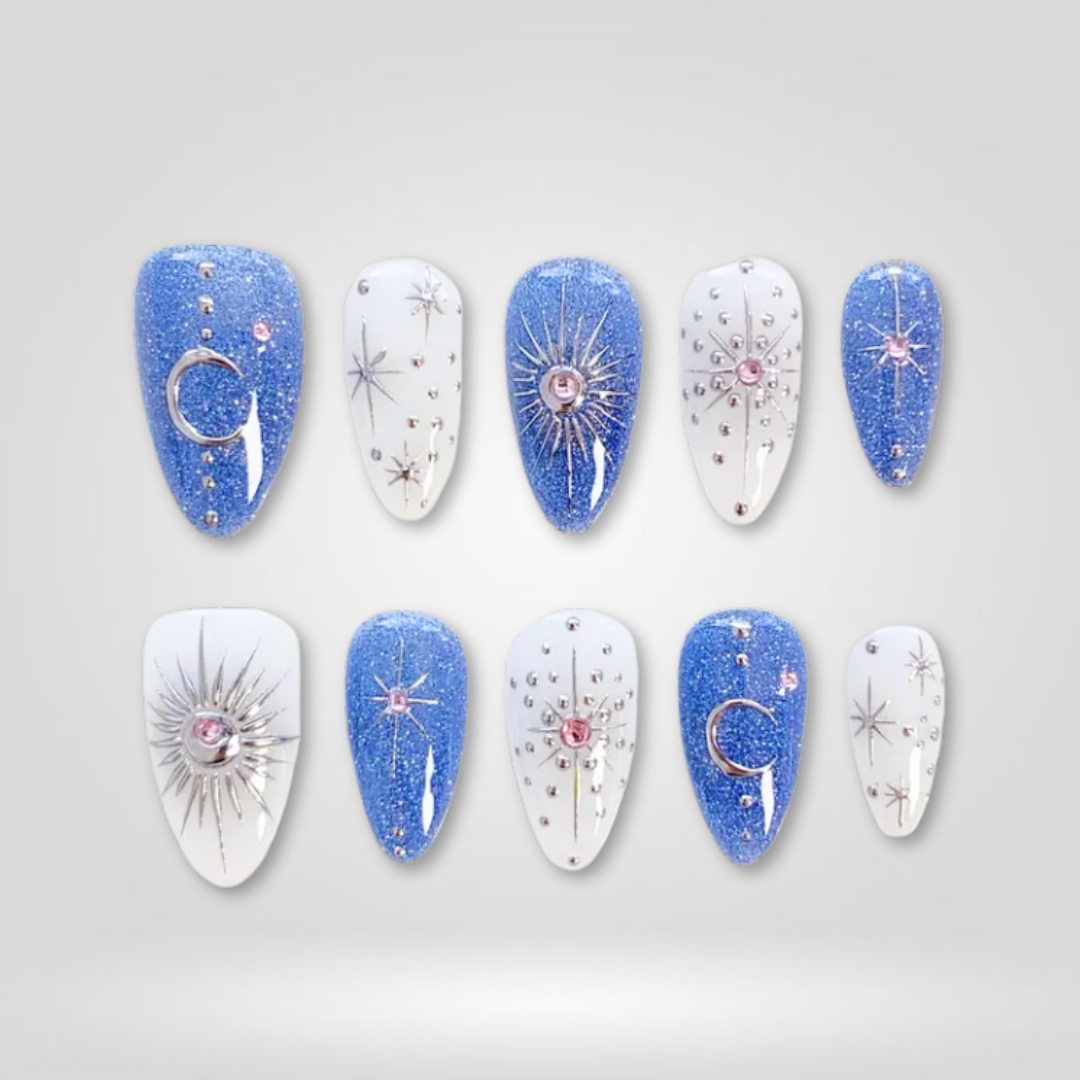 Cosmic Frost winter press-on nails - almond shape, front view