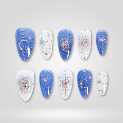 Cosmic Frost winter press-on nails - almond shape, front view