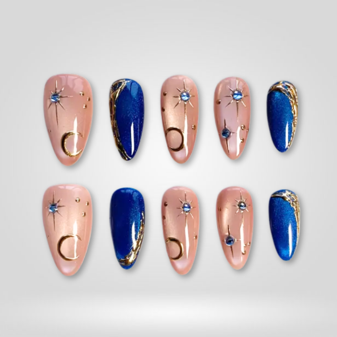 Midnight Moon soft neutral press-on nails - almond shape, front view