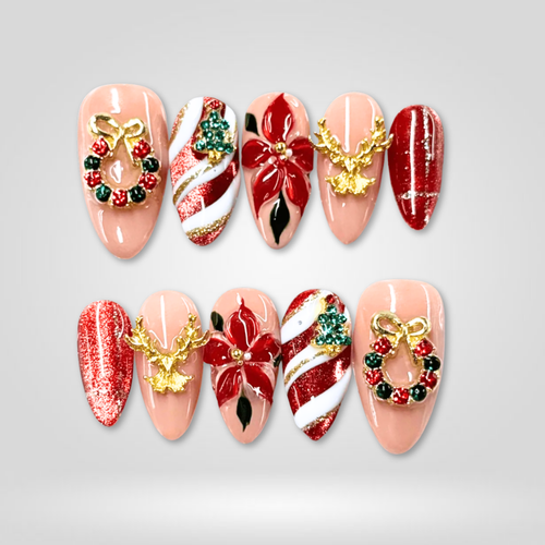 Santa Snow seasonal press-on nails - almond shape, front view