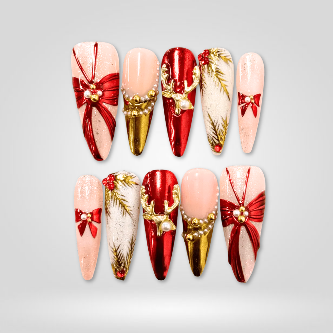 Merry Sparkle 3d sculptural press-on nails - almond shape, front view