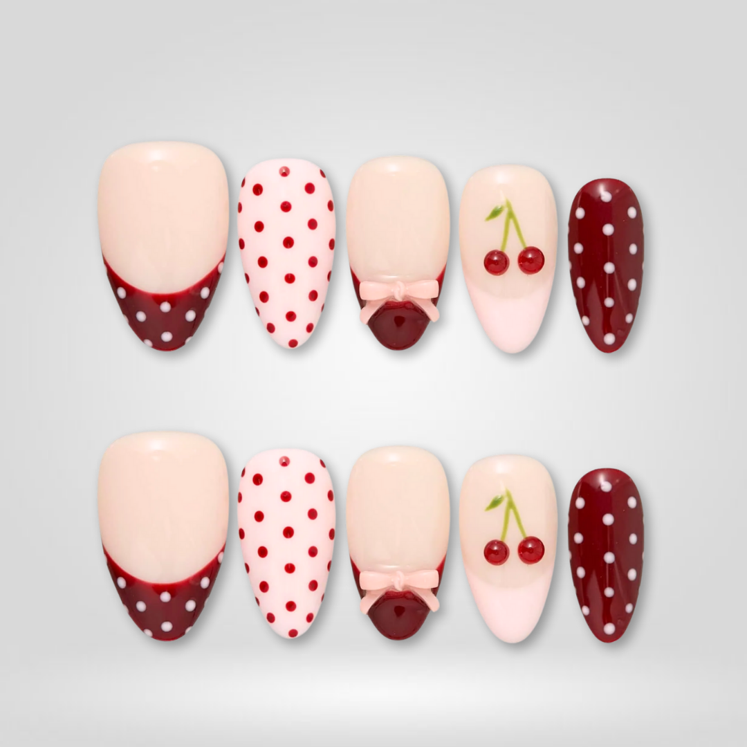 Cherry Dot polka dot press-on nails - almond shape, front view
