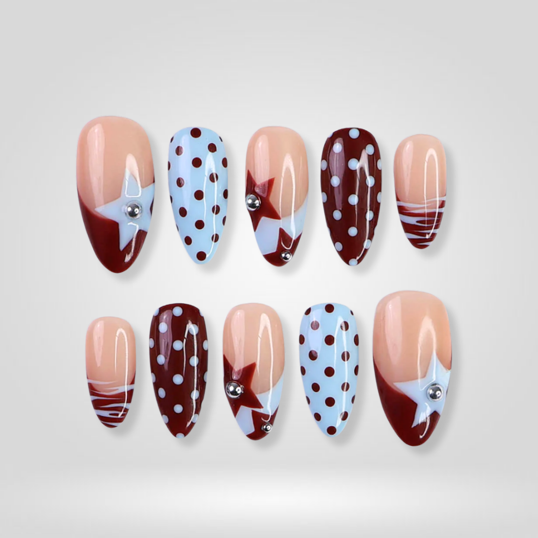Star Pop soft neutral press-on nails - almond shape, front view