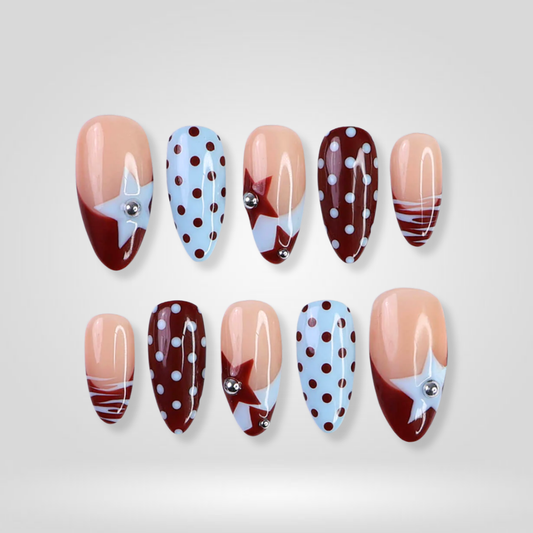 Star Pop soft neutral press-on nails - almond shape, front view