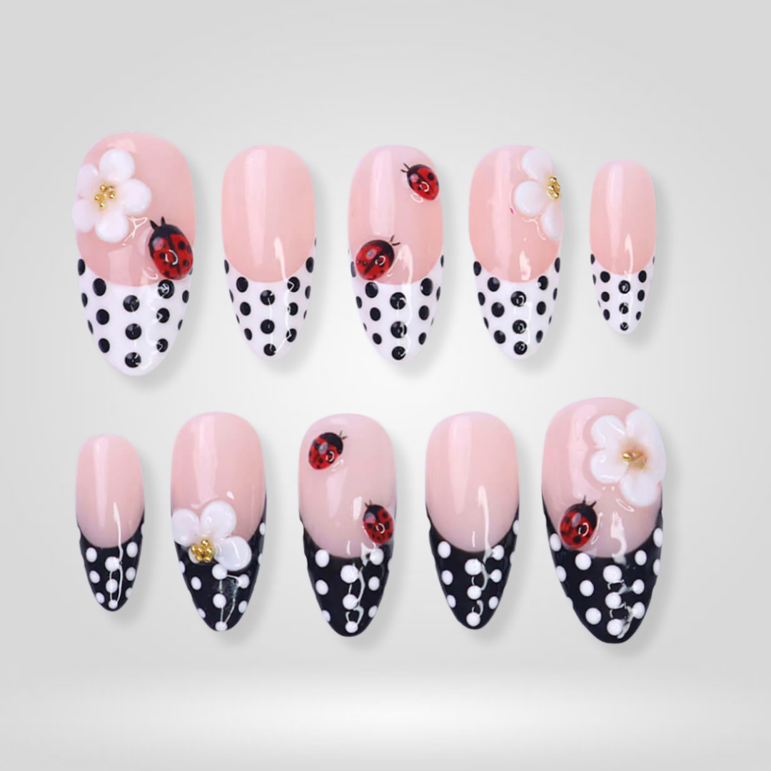 Lady Bloom floral press-on nails - almond shape, front view