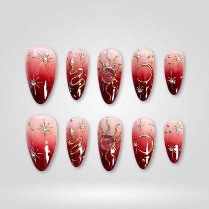 Scarlet Sunrise soft neutral press-on nails - almond shape, front view