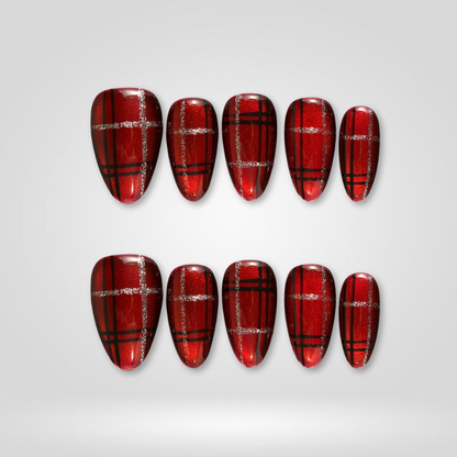 Crimson Plaid soft neutral press-on nails - almond shape, front view