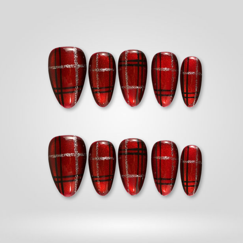 Crimson Plaid soft neutral press-on nails - almond shape, front view