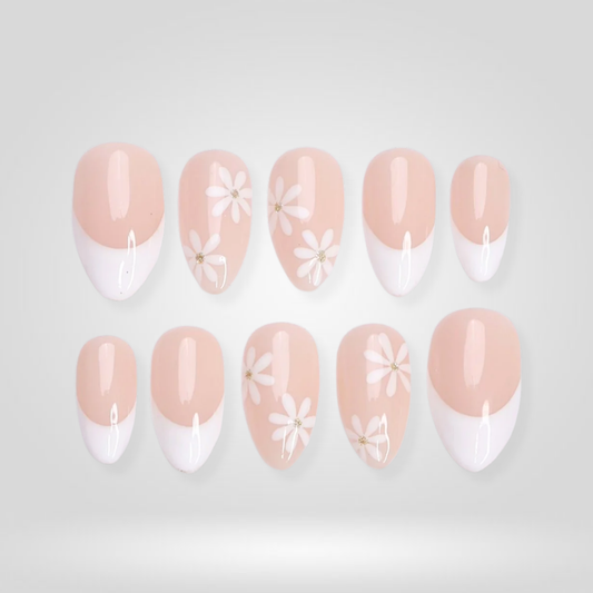 Daisy Smile floral press-on nails - almond shape, front view