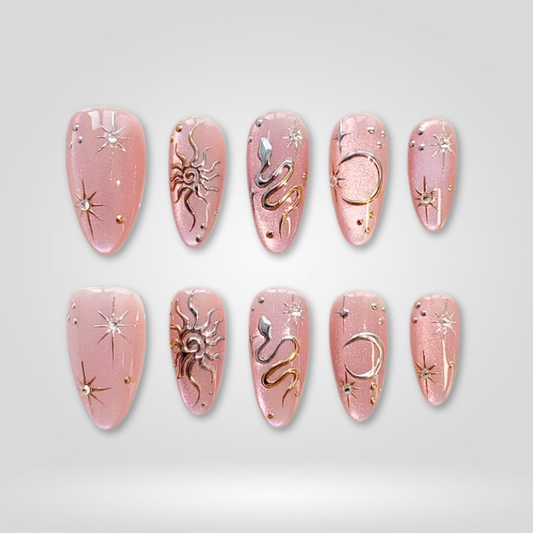 Blush Zodiac soft neutral press-on nails - almond shape, front view
