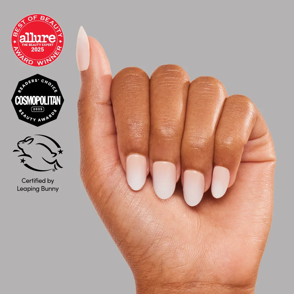 Creamer press-on nails on hand - lifestyle photo, milky cloud dancer finish