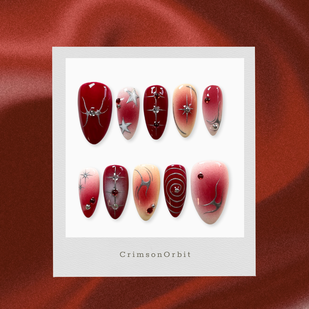 Crimson Orbit press-on nail set - XS to L sizing, 3d sculptural design