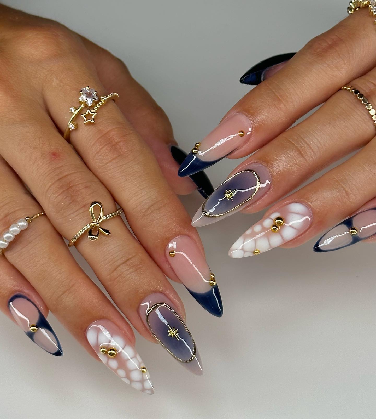 Midnight Elegance press-on nails on hand - lifestyle photo, french tip finish