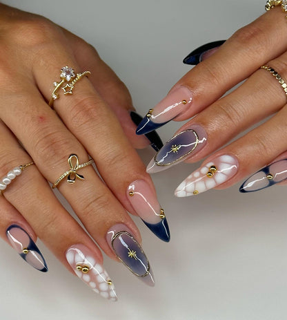Midnight Elegance press-on nails on hand - lifestyle photo, french tip finish