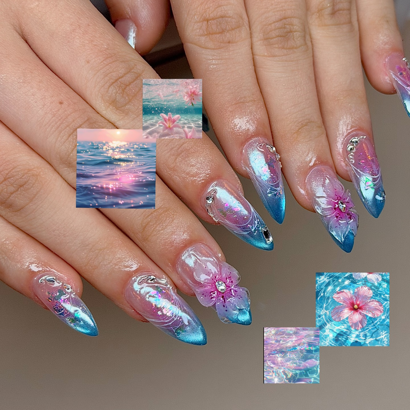 Ethereal Bloom cat-eye velvet press-on nails - almond shape, front view