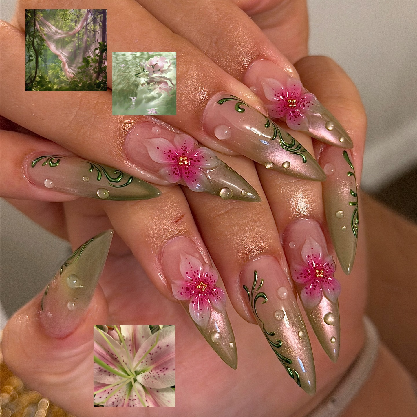 Ethereal Bloom press-on nails on hand - lifestyle photo, cat-eye velvet finish