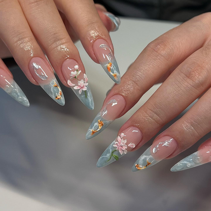 Summer Bloom press-on nail set - XS to L sizing, cat-eye velvet design