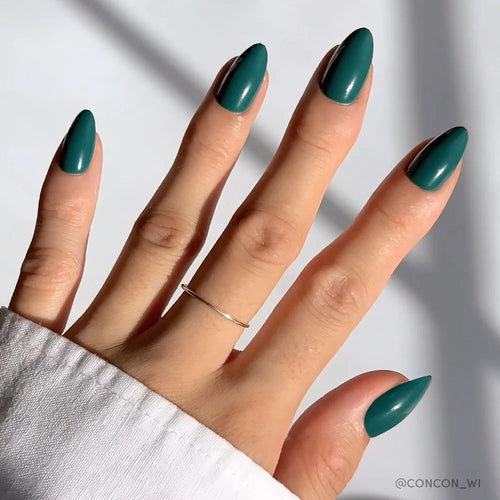 Emerald Green seasonal press-on nails - almond shape, front view