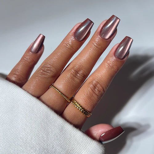 Espresso Glow cat-eye velvet press-on nails - coffin/ballerina shape, front view