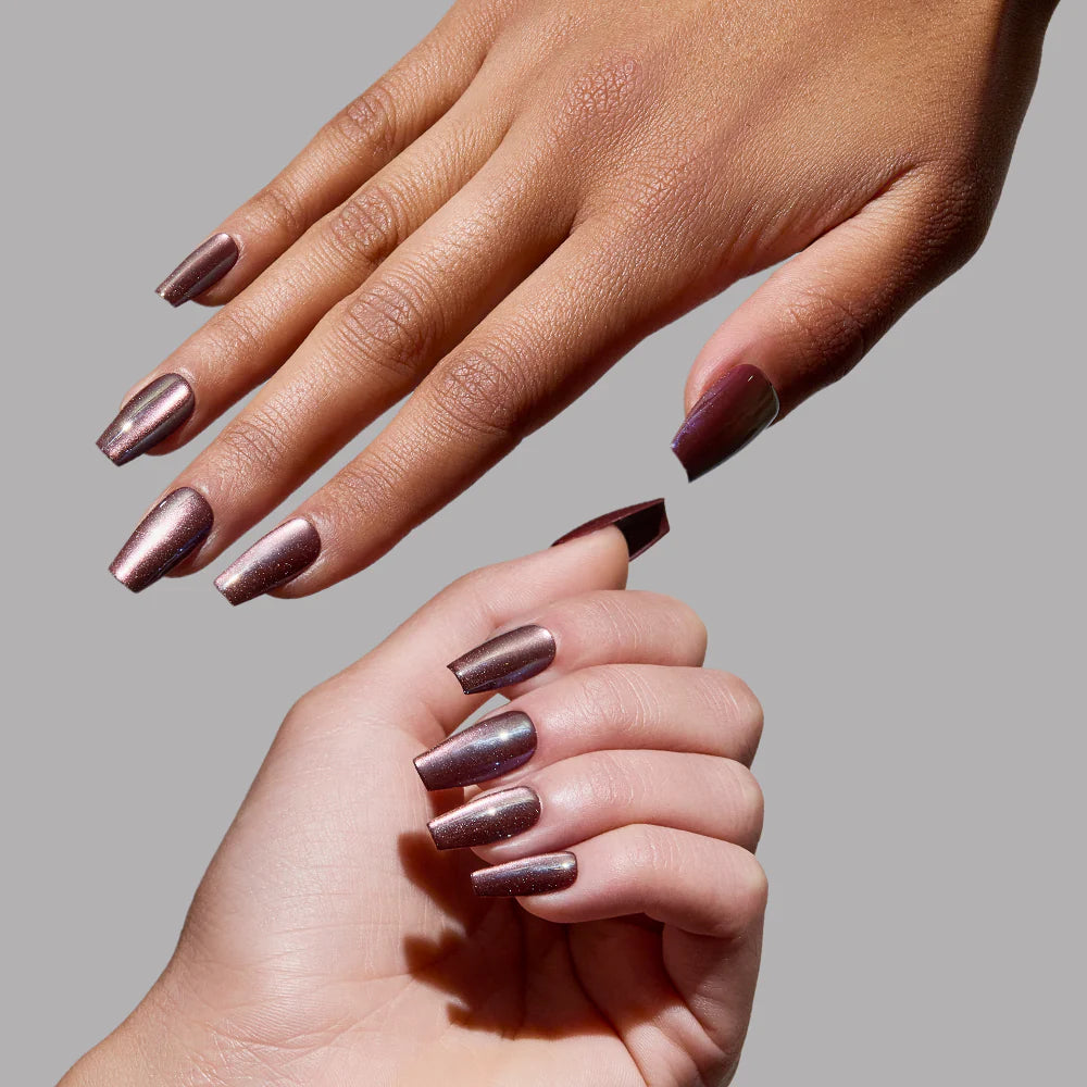 Espresso Glow press-on nail set - XS to L sizing, cat-eye velvet design