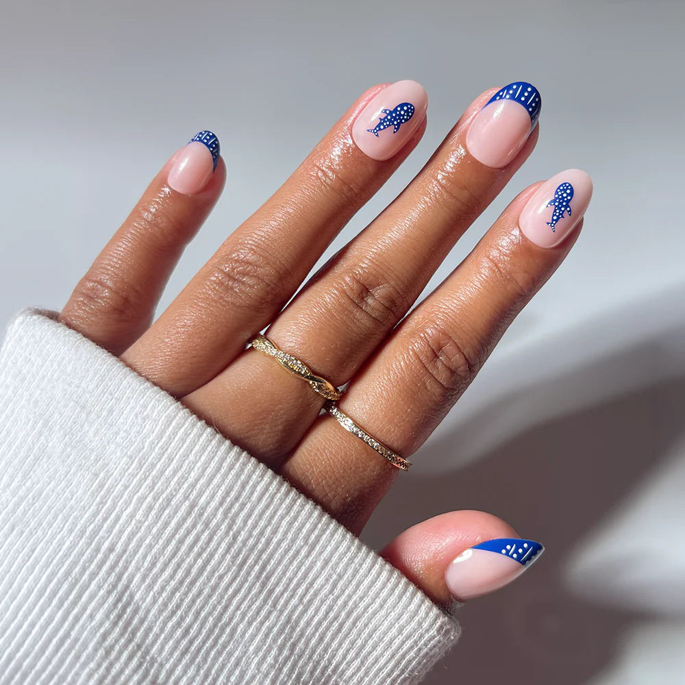 Whale Waves polka dot press-on nails - oval shape, front view
