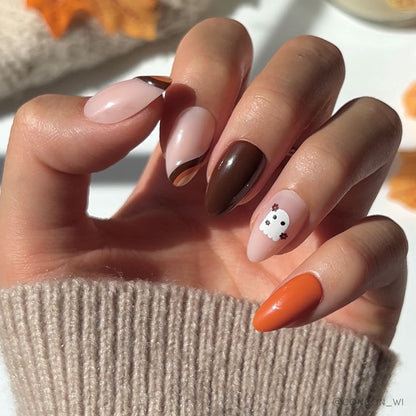 Fall Boo soft neutral press-on nails - almond shape, front view