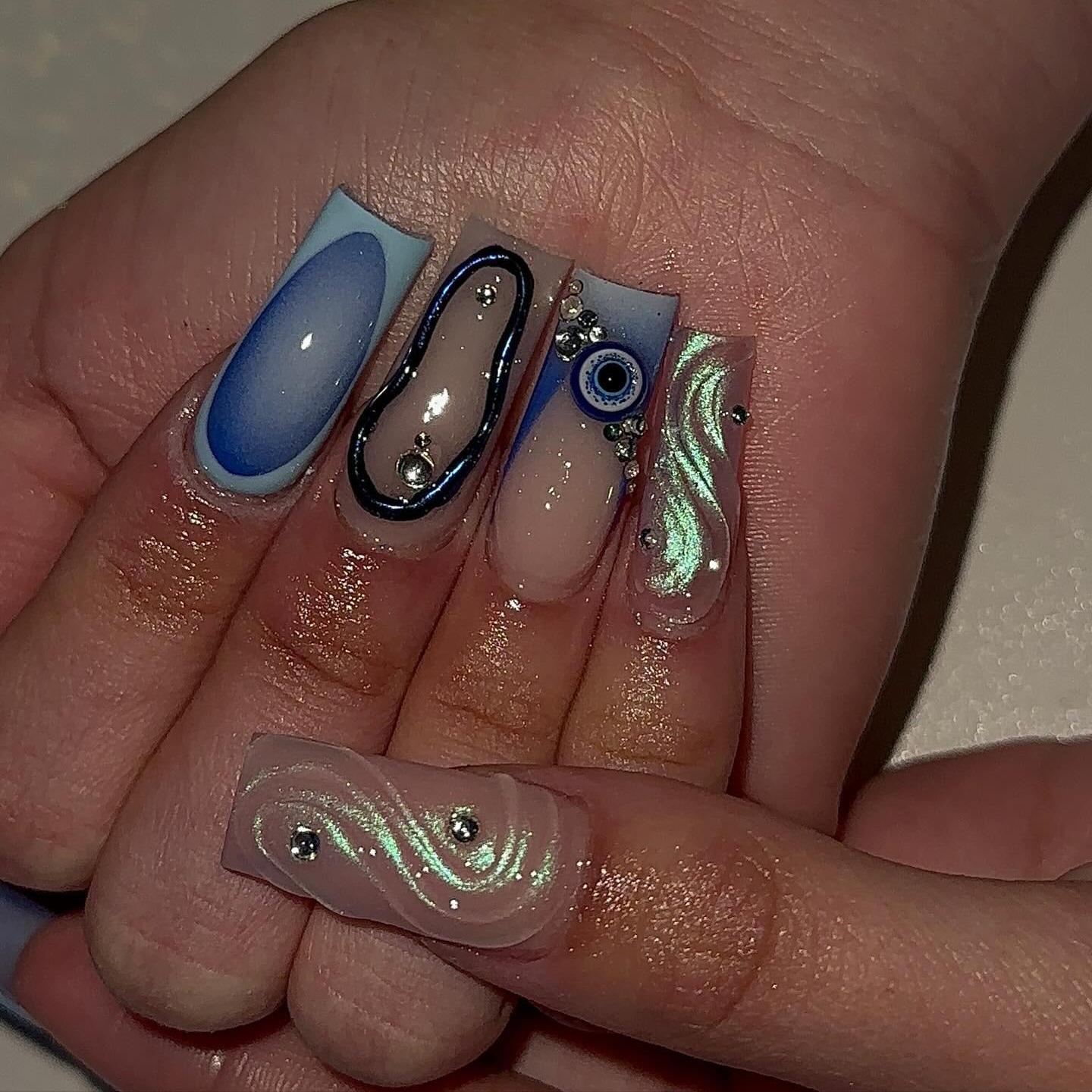 Mystic Blue Evil Eye ombre gradient press-on nails - coffin/ballerina shape, front view