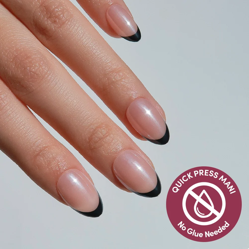 French Noir french tip press-on nails - almond shape, front view