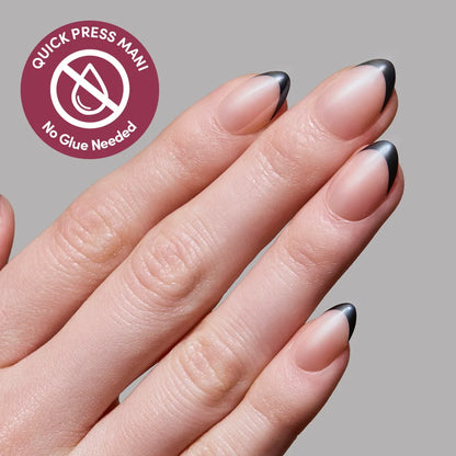 French Noir press-on nails on hand - lifestyle photo, french tip finish