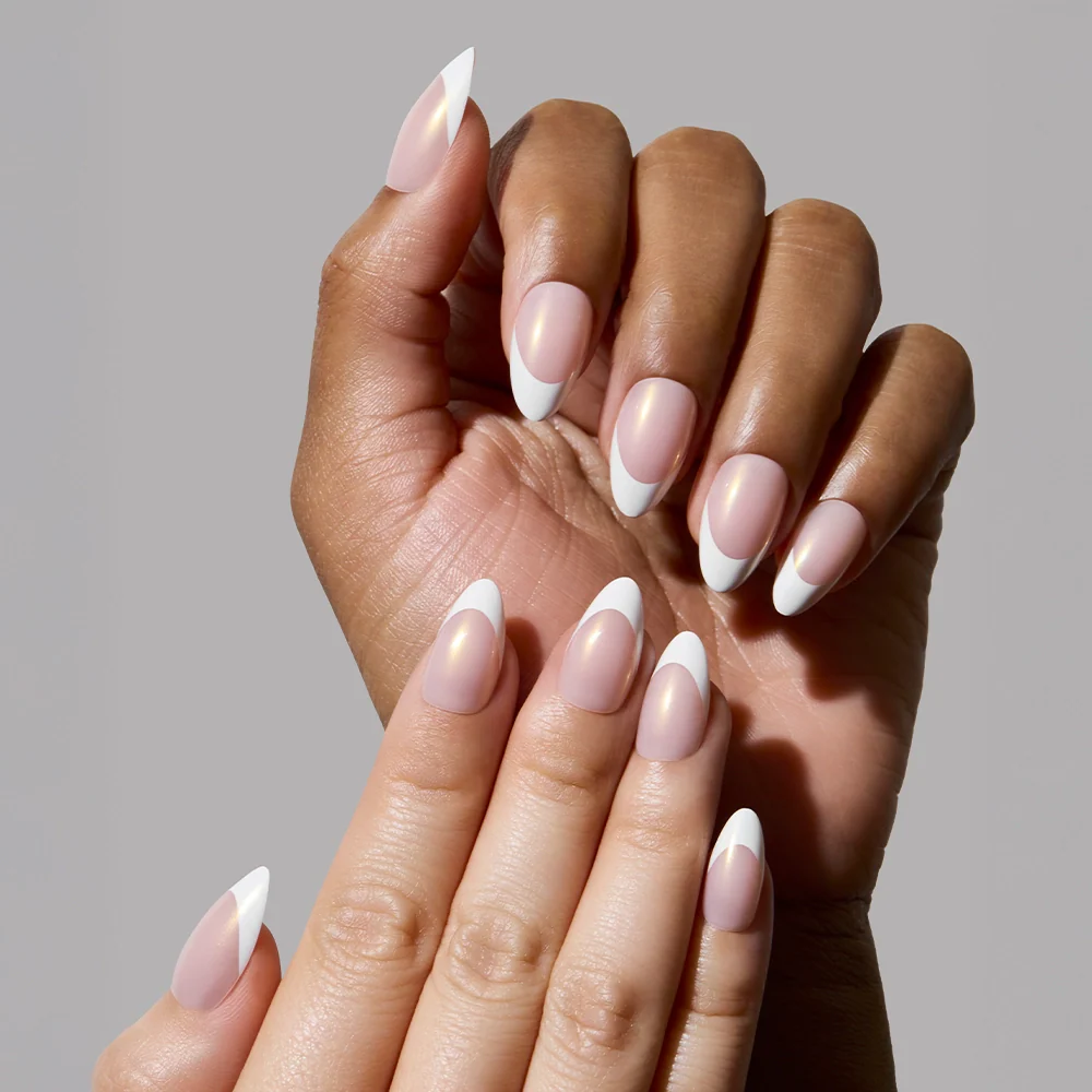 GIVE 'EM GRACE press-on nails on hand - lifestyle photo, milky cloud dancer finish