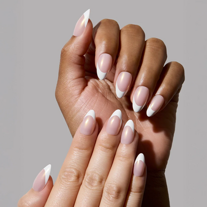 GIVE 'EM GRACE press-on nails on hand - lifestyle photo, milky cloud dancer finish