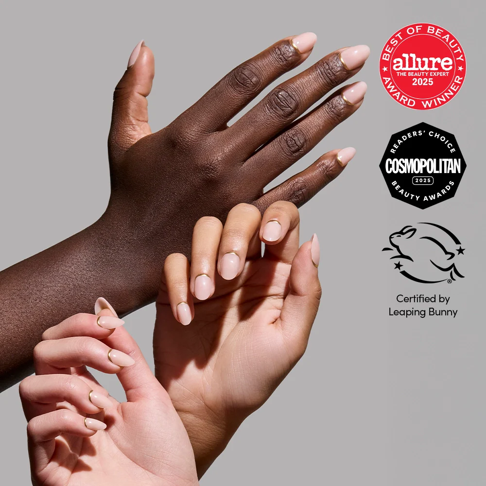 Glam Goals press-on nails on hand - lifestyle photo, french tip finish