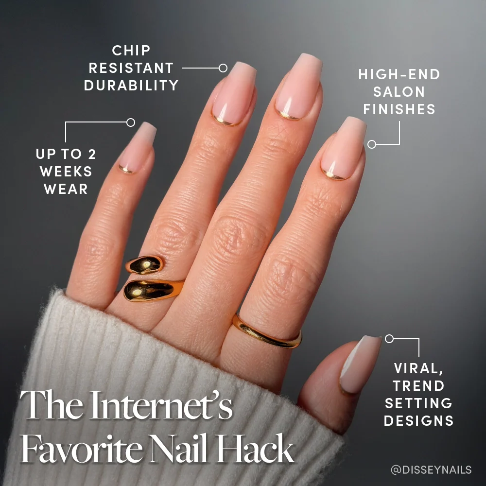 Gold Goals press-on nails close-up texture detail - french tip finish, US shipping